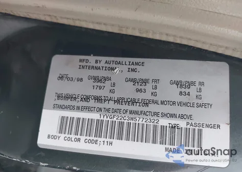 1998 Mazda 626 Dx/Lx z USA, uszkodzony, nr VIN 1YVGF22C3W5772322